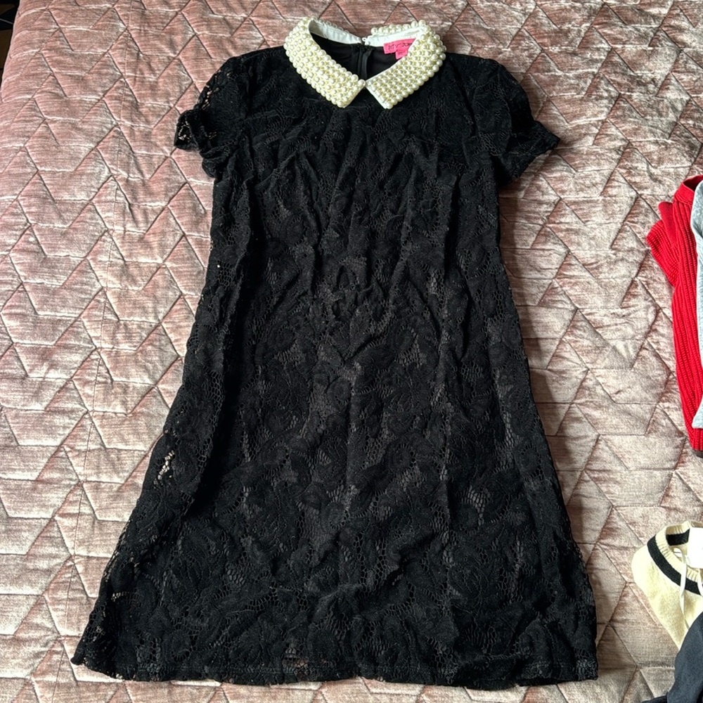 Betsy Johnson size 2 black lace dress with pearl collar. Short.